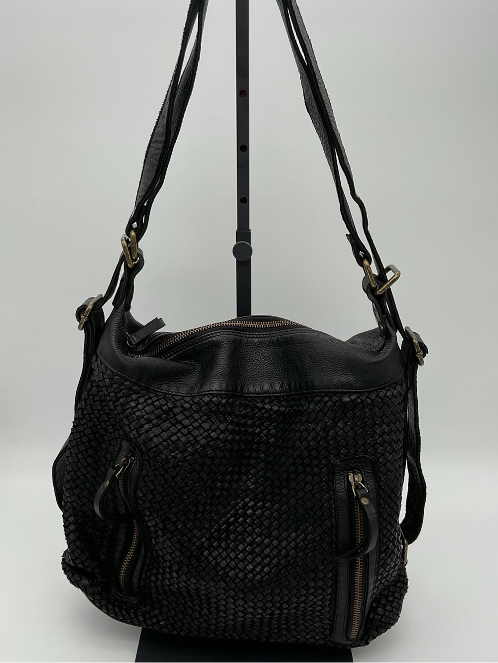 Milo Woven Leather Black Sienna Shoulder Bag/Backpack